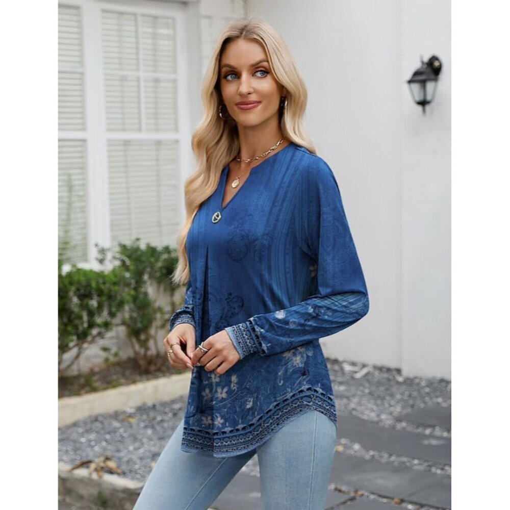 Womens Long Sleeve V Neck Tunic Top Polyester Spandex Dressy Casual Blouses - Picture 4 of 5
